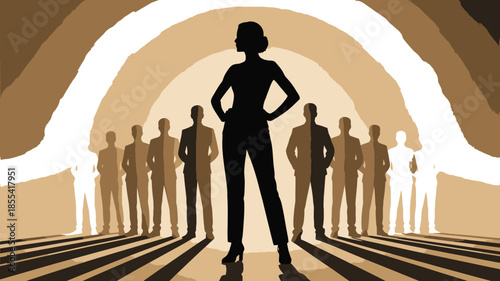 Confident female leader with hands on hips stands before her unified team under a grand arch