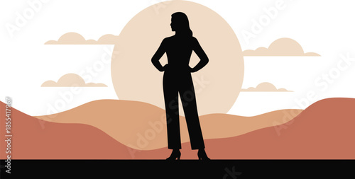 Confident woman silhouette stands strong against a minimalist desert landscape under a soft sky