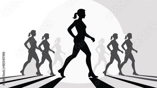 Determined woman in silhouette walking forward with others following her on a striped path