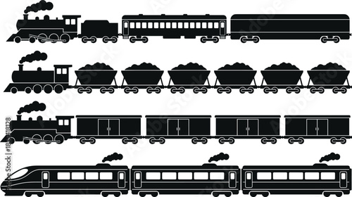 Train silhouette collection with steam locomotive freight wagons and modern passenger railway cars, transportation industry illustration, black vector design