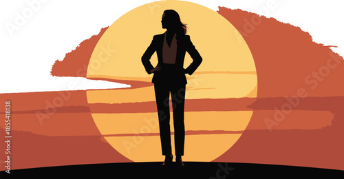 Silhouette of a powerful business woman standing confidently at sunset with hands on her hips