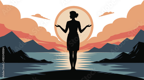 Silhouette of a serene woman standing in a peaceful meditative pose surrounded by majestic mountains and water