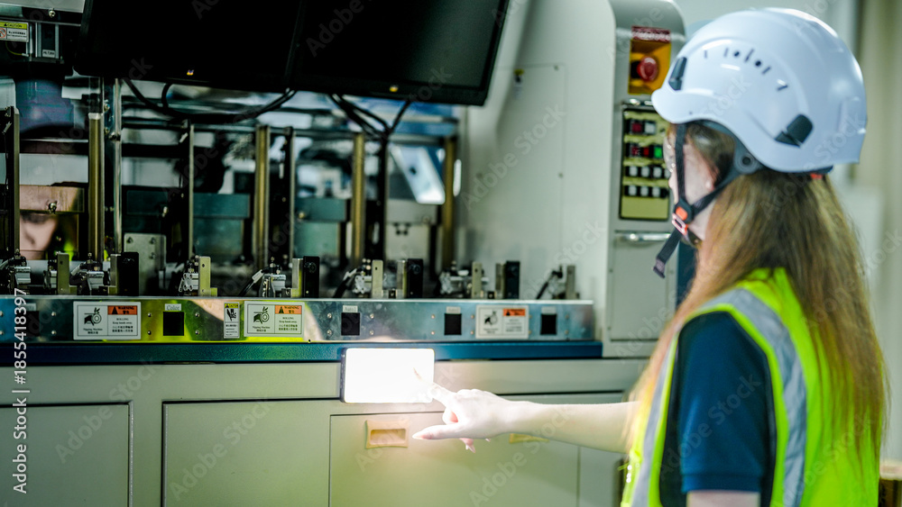 Obraz premium Two female robotics engineers in an R and D lab program an artificial intelligence system. One operates the HMI screen while the other holds a tablet with diagnostic data.