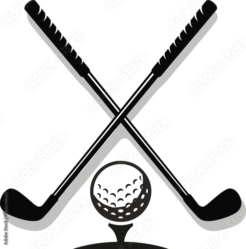 Crossed golf clubs with ball on tee illustration, classic golfing emblem, sports logo design, black and white golf symbol