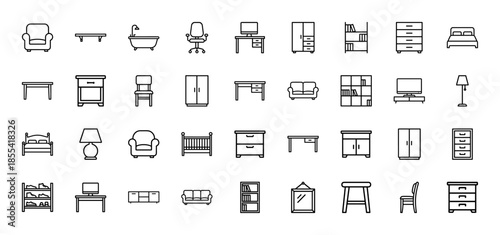 Furniture line icon set. Vector pictograms of sofa, bed, chair, desk, cabinet, wardrobe, bookshelf, bathtub, lamp, and mirror, thin black outline illustration.