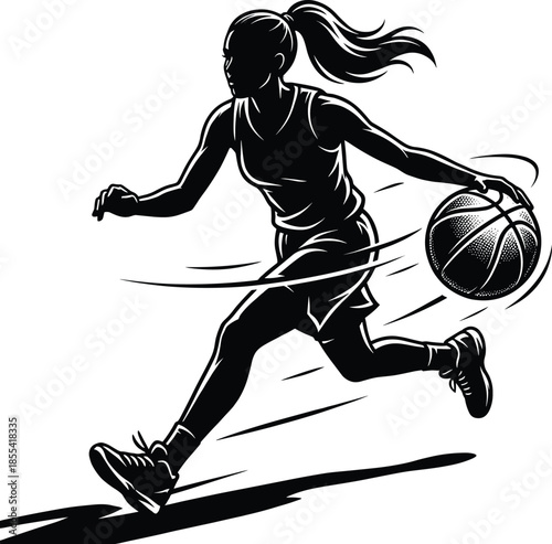 Female basketball player dribbling illustration, dynamic sports action silhouette, women athlete motion design, black and white athletic artwork