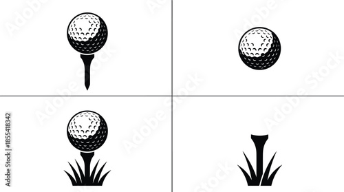Golf ball and tee silhouette icons set, tee off positions and grass base, minimal black sports equipment illustration design