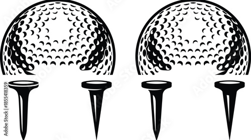 Golf ball on tee silhouette illustration set, black and white sports equipment design, classic golfing symbol, minimal vector artwork