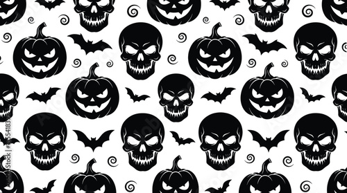 Halloween seamless pattern with skulls pumpkins and bats, spooky black and white horror background, repeating festive decoration design