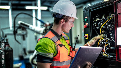 Cuadro en lienzo Side view of a young male engineer in a white helmet and orange safety vest checking electrical wires in a black control panel