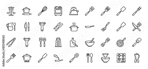 Kitchenware line icon set. Vector pictograms of pots, pans, whisk, rolling pin, kettle, grater, spatula, knife, cutting board, and oven, thin outline illustration.