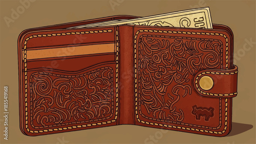 An intricately designed leather wallet with cash and cards, viewed from the front, showcasing its detailed craftsmanship and functionality
