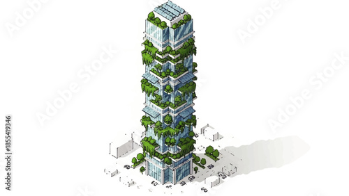 Modern eco-friendly skyscraper with lush green balconies and rooftop gardens in a futuristic cityscape
