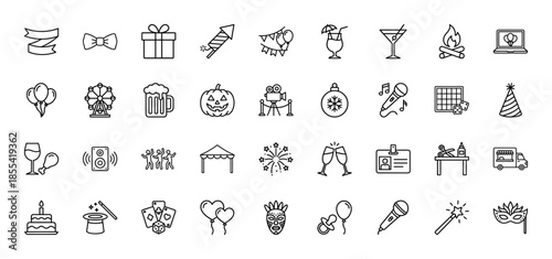Party and event line icon set. Vector pictograms of gift, fireworks, balloons, cocktail, music, birthday cake, magic hat, mask and champagne, thin outline illustration.