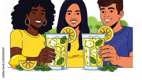 Three friends enjoying fresh lemonade together on a sunny day outdoors.