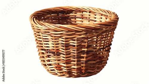 A wicker basket with an open top and woven design is centered on a plain white background