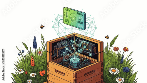 Mystical wooden box opens to reveal robotic mechanism amidst lush greenery and vibrant flowers