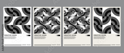 Abstract monochrome gradient poster background vector set. Modern cover template with black and white perspective geometric prism shapes. Ideal design for social media, banner, ads.