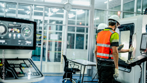 Three engineers program an industrial robot or 5-axis CNC machine using an AI interface. The team manufactures advanced microchips or high-tech components in a smart factory.