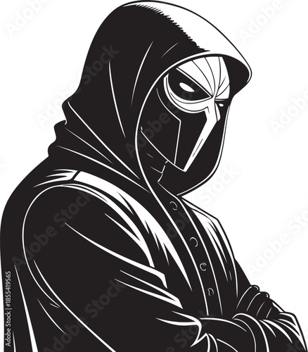 Villain in Black Hood and Mask Hand-drawn Sketch Drawing Vector Illustration, Line Linear Symbol Engraving Coloring Book, Black and White Isolated
