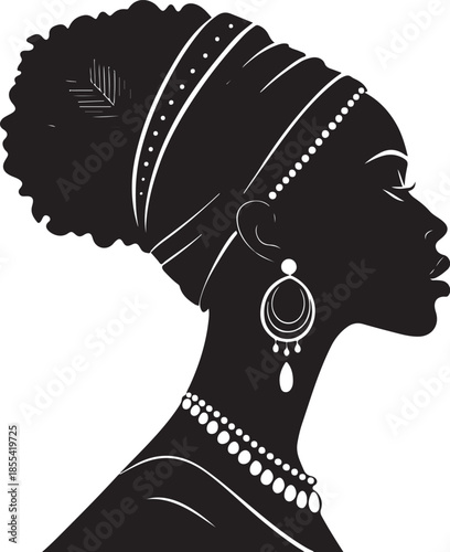 African Black Woman with Afro Hair Profile Silhouette Portrait Hand-drawn Sketch Drawing Vector Illustration, Line Linear Symbol Engraving Coloring Book, Black and White Isolated