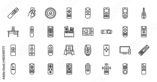 Smart home and device remote control line icon set. Vector pictograms of television, air conditioner, car key, projector, and garage door, thin outline illustration.
