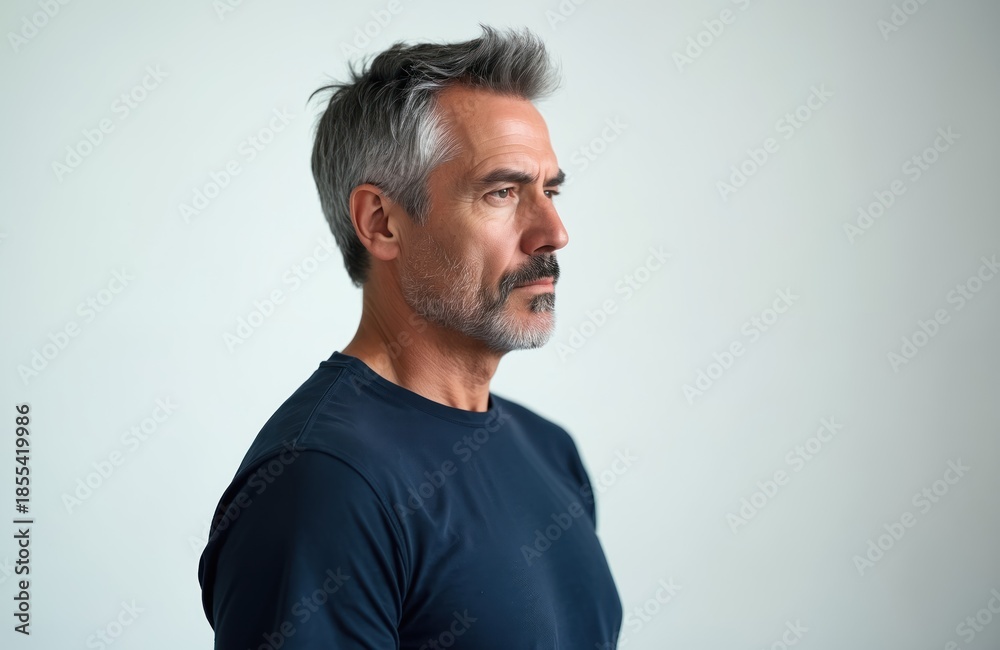 Fototapeta premium Serious middle-aged man with graying hair and beard looking to right side. He has thoughtful intense expression. He wears dark blue t-shirt against white background. There is plenty of copy space.