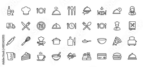 Restaurant and cooking line icon set. Vector pictograms of chef hat, cutlery, pizza, burger, coffee, menu, whisk, toaster, and kitchen tools, thin outline illustration.