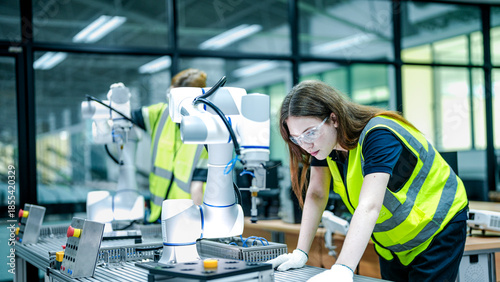 Foto Two female engineers in safety vests collaborate in a tech lab
