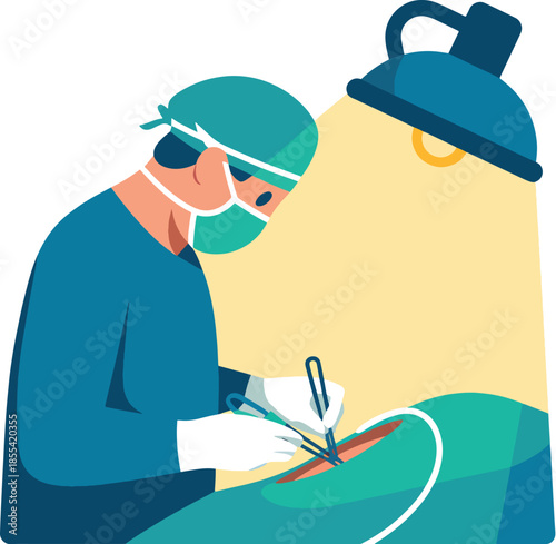 A surgeon in blue scrubs and a green cap performs a precise surgical procedure under a bright operating light with a focused expression in a sterile environment related to health.