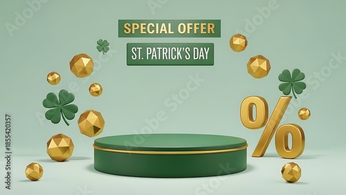 St Patricks Day Special Offer Green Podium With Gold Geometric Shapes shamrock