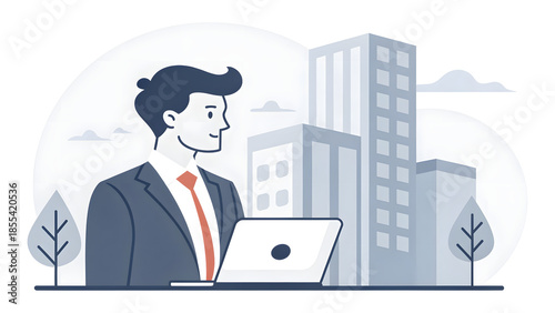 A professional executive in a suit working on a laptop computer to manage business communication and technology networks for success