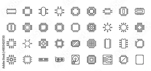 Computer hardware line icon set. Vector pictograms of microprocessor, motherboard, ram, graphics card, hard drive, ssd, and chipset, thin outline illustration.
