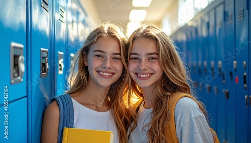 Two Happy Teen Girls Smiling in School Hallway