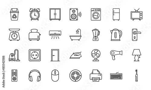 Household appliances and home electronics line icon set. Vector pictograms of television, refrigerator, toaster, washing machine and computer, thin outline illustration.