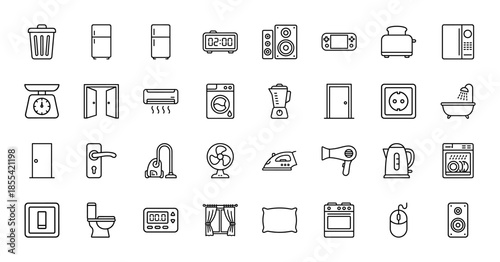 Home appliances and household equipment line icon set. Vector pictograms of refrigerator, microwave, toaster, washer, vacuum, fan, kettle, and oven, thin outline illustration.