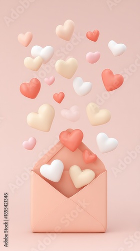 A pink envelope bursts with small floating hearts in various shades of red and pink, symbolizing affection and joy, ideal for Valentine's Day topics and themes