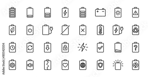 Battery and power management icon set. Vector pictograms of charging, energy level, solar, temperature, recycling, and hardware health, thin line outline illustration.