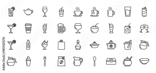 Beverage and drink line icon set. Vector pictograms of tea, coffee, wine, beer, soda, water, juice, milk, and kitchenware, thin outline illustration.
