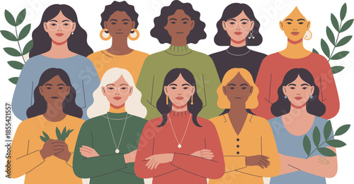 Group of women standing together with plants symbolizing growth and connection to nature