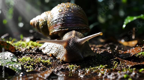 Snail Moving on Forest Floor Slowly.
