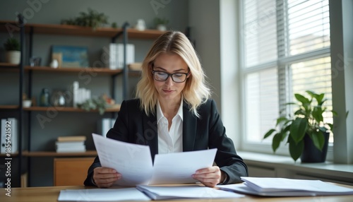 Blond woman in glasses reviews papers at office desk. She examines documents and reports with concentration. Business professional working with finance data and paperwork in modern office.