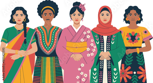 A group of culturally diverse women wearing traditional garments from around the world standing together