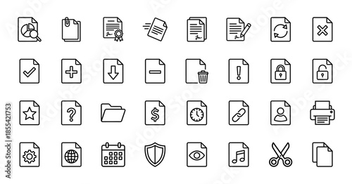 Business and document management line icon set. Vector pictograms of folder, paper, signature, calendar, printer, and file management, thin outline illustration.