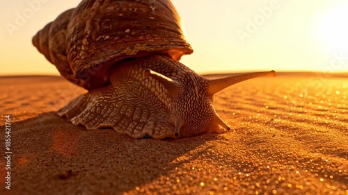 Snail Moving on Sandy Beach at Sunset.