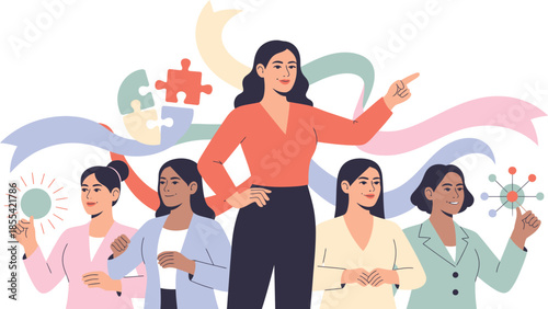 Confident woman leader surrounded by diverse female colleagues demonstrating teamwork and inspiration