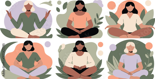 Diverse women practicing mindful meditation and yoga in peaceful lotus positions surrounded by natural elements