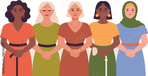 Five diverse senior women gracefully standing together with canes representing aging and elegant confidence