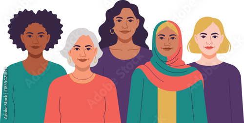 Five diverse women of various ages and ethnicities standing together including a woman in a hijab