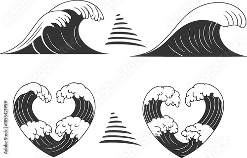 Black and white ocean wave illustrations collection, minimalist surfing sea water symbols, hand drawn style vector designs for creative projects